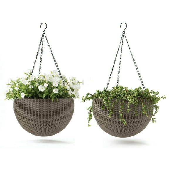 Keter Resin Rattan Set of 2 Round Hanging Planter Baskets for Indoor and Outdoor Plants, Cappuccino