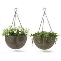 Keter Resin Rattan Set of 2 Round Hanging Planter Baskets for Indoor and Outdoor Plants, Cappuccino