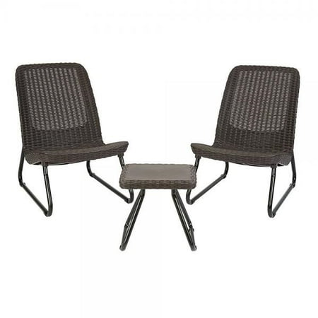 Keter Rio 3 Piece Resin Wicker Patio Furniture Set with Side Table and Outdoor Chairs, Brown