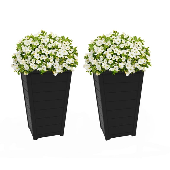 Keter Set of 2 Resin Tapered Wood Look Planters Graphite 14.5 in W x 22.4 in H for Outdoor Plants