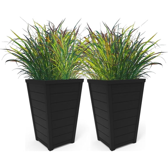 Keter Set of 2 Resin Modern Outdoor 22 Inch Tall Large Flower Pots, Tapered Wood Look Planters for Plants and Front Porch Decor, Graphite