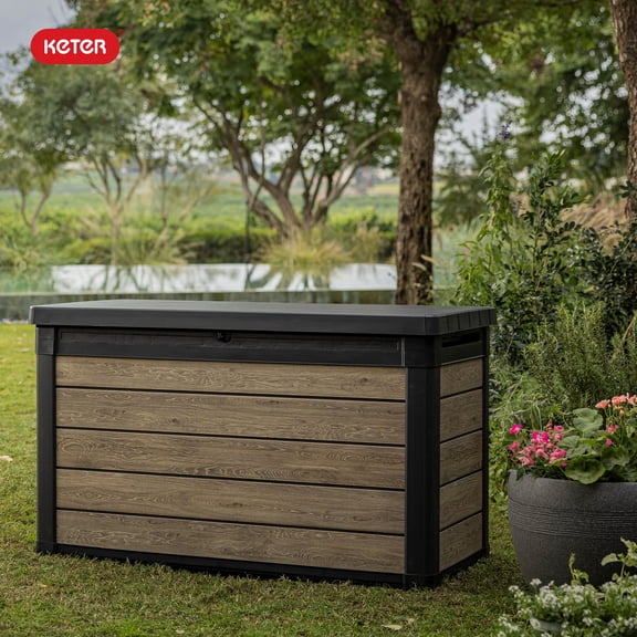 Keter Signature 100 Gallon Durable Resin Outdoor Deck Box Storage Organization, Ashwood