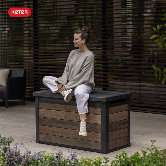 Keter Signature 100 Gallon Durable Resin Outdoor Deck Box Storage Organization, Walnut