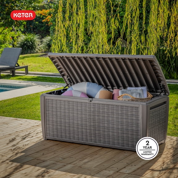Keter Signature 135 Gallon Rattan-Look Weatherproof Resin Deck Box Organization and Storage for Outdoor Patio and Lawn, Mist Grey