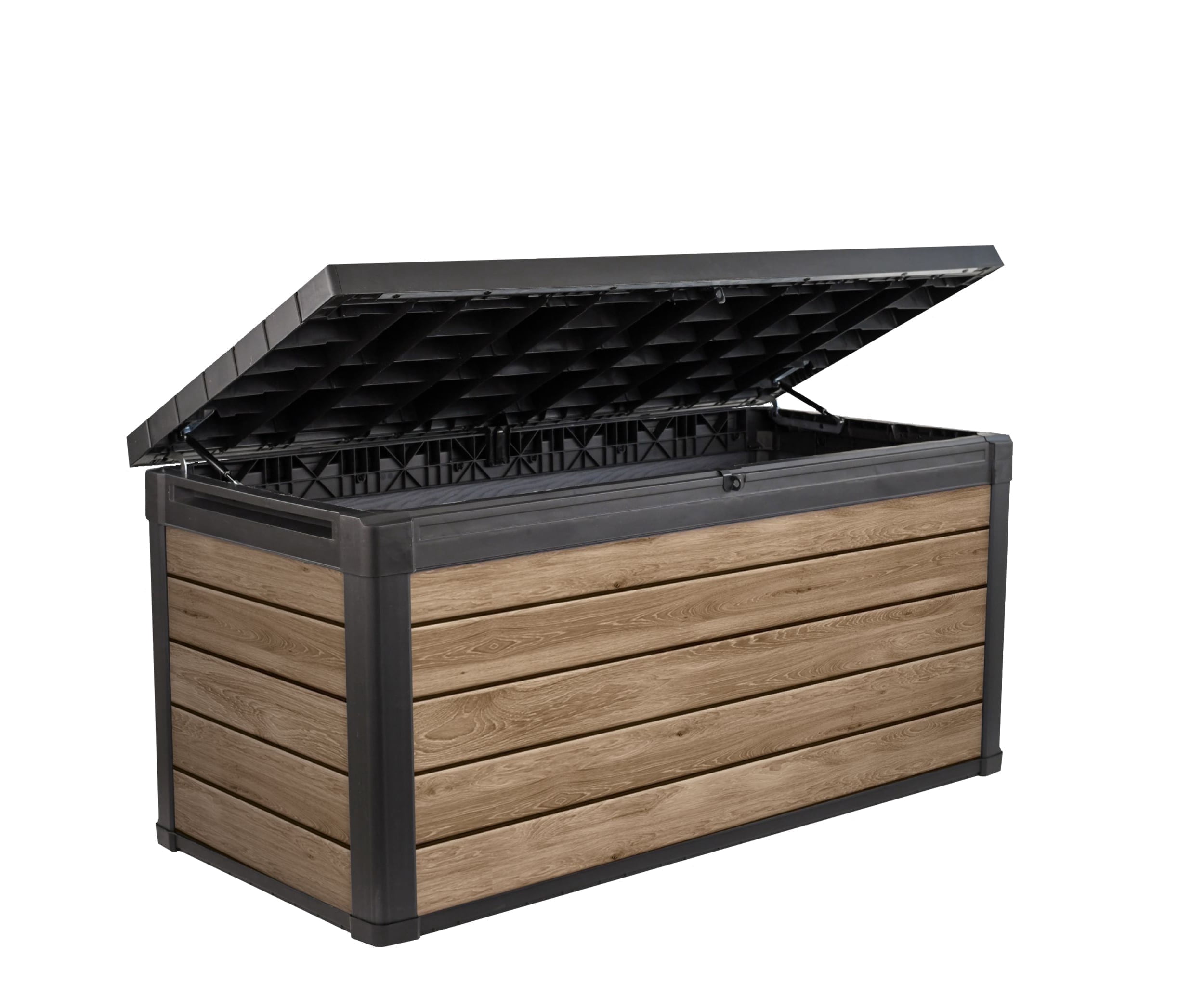 Keter Signature 150 Gallon Durable Weatherproof Resin Deck Box Organization and Storage for Outdoor Patio and Lawn, Ashwood