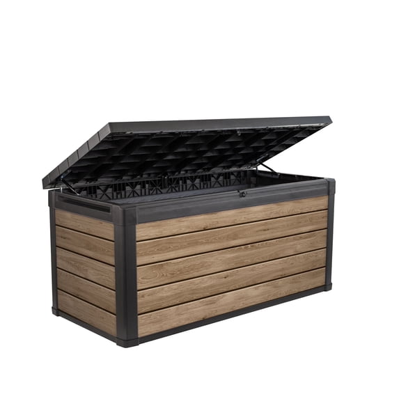 Keter Signature 150 Gallon Durable Weatherproof Resin Deck Box Organization and Storage for Outdoor Patio and Lawn, Ashwood