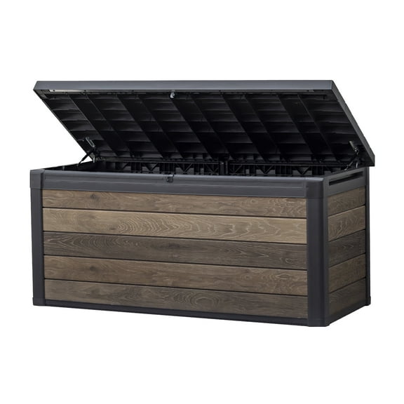 Keter Signature 150 Gallon Durable Resin Outdoor Deck Box Storage Organization, Walnut