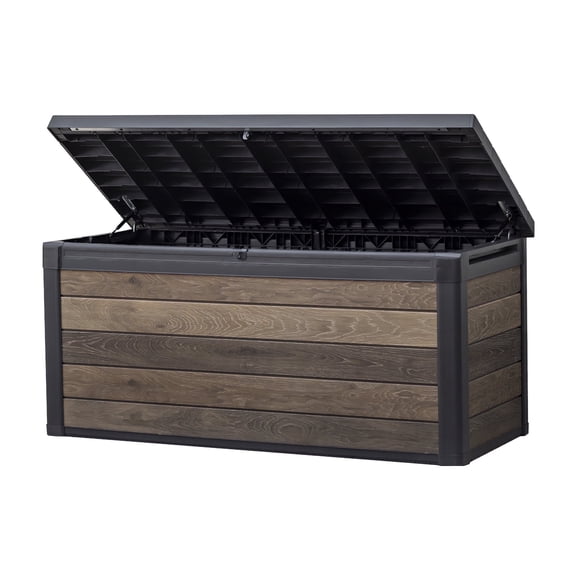 Keter Signature 150 Gallon Durable Resin Outdoor Deck Box Storage Organization, Walnut