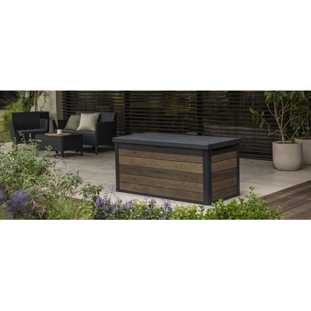 Keter Signature 150 Gallon Durable Resin Outdoor Deck Box Storage Organization, Walnut