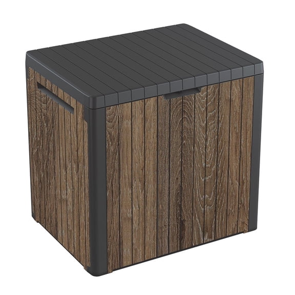 Keter Signature Everwood 30 Gallon Resin Outdoor Storage Box and Patio Furniture Side Table for Pool and Garden Accessories, Walnut