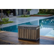 Keter Signature Everwood 50 Gallon Resin Outdoor Storage Box and Patio Furniture Side Table for Pool and Garden Accessories, Walnut