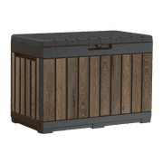 Keter Signature Everwood 50 Gallon Resin Outdoor Storage Box and Patio Furniture Side Table for Pool and Garden Accessories, Walnut