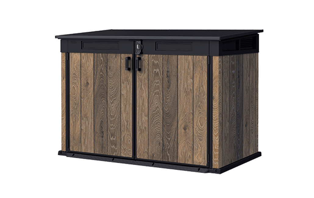 Keter Signature Horizontal Durable Resin Outdoor Storage Shed With Heavy Duty Floor and Locking Latch Double Doors, Walnut
