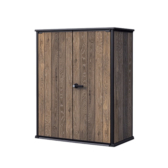 Keter Signature Vertical Durable Resin Outdoor Storage Shed With Heavy Duty Floor and Locking Latch Double Doors, Walnut