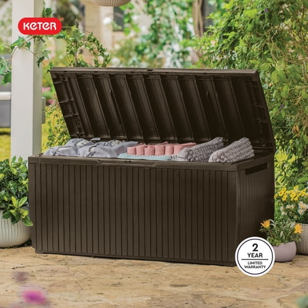 Keter Springwood 80 Gallon Durable Resin Outdoor Deck Box Storage Organizationn, Brown
