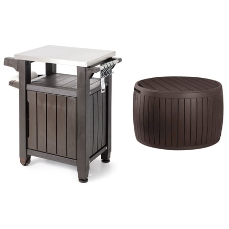 Keter Unity 40 Gal Grilling Bar Cart w/ Circa 37 Gal Round Deck Box, Brown