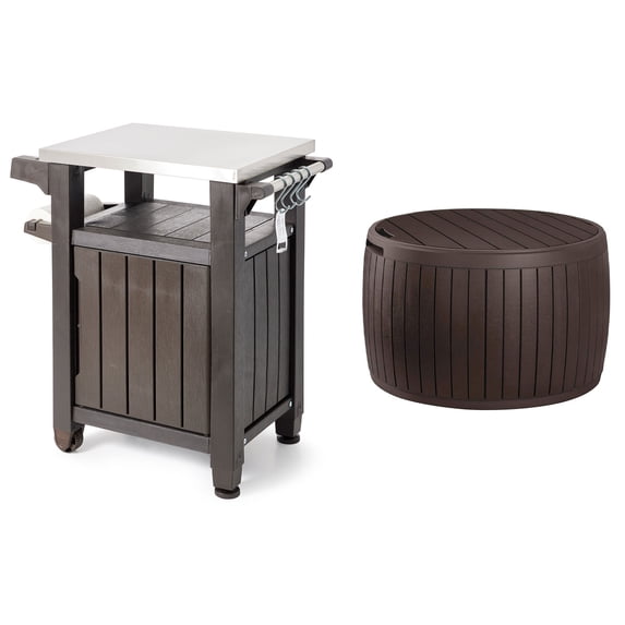 Keter Unity 40 Gal Grilling Bar Cart w/ Circa 37 Gal Round Deck Box, Brown