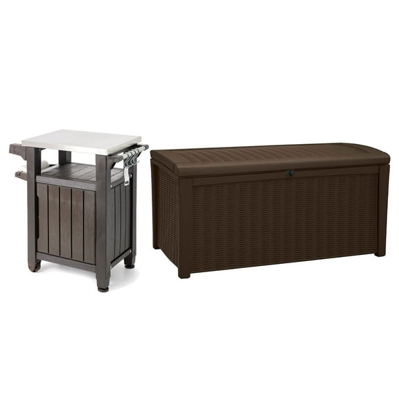 Keter Unity 40 Gal Grilling Bar Cart with Borneo 110 Gal Storage Deck Box
