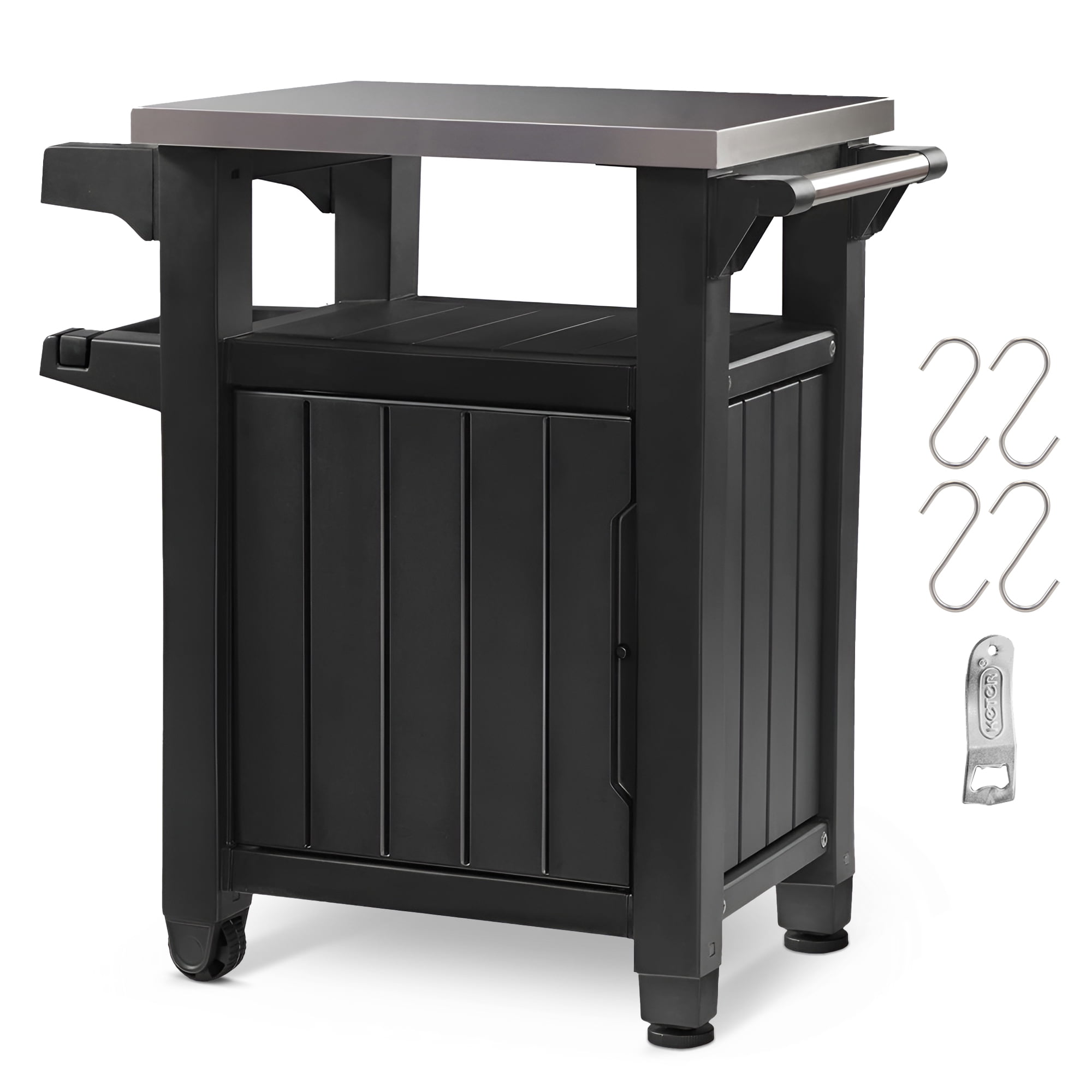 Keter Unity 40 Gal Patio Storage Grilling Bar Cart w/ Stainless Steel Top, Grey