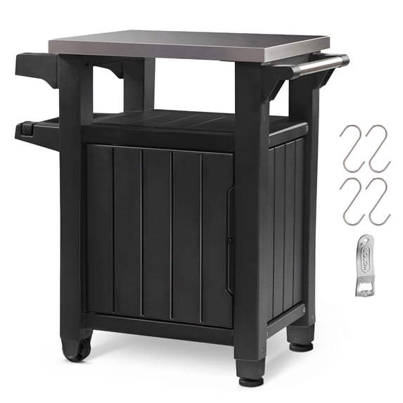 Keter Unity 40 Gal Patio Storage Grilling Bar Cart w/ Stainless Steel Top, Grey