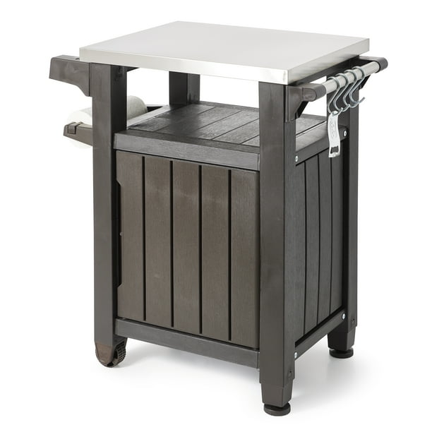 Keter Unity 40 Gal Patio Storage Grilling Bar Cart w/Stainless Top ...