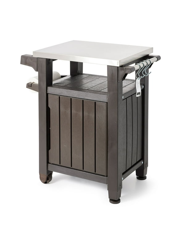 Keter Unity 40 Gal Patio Storage Grilling Bar Cart w/Stainless Top, Brown