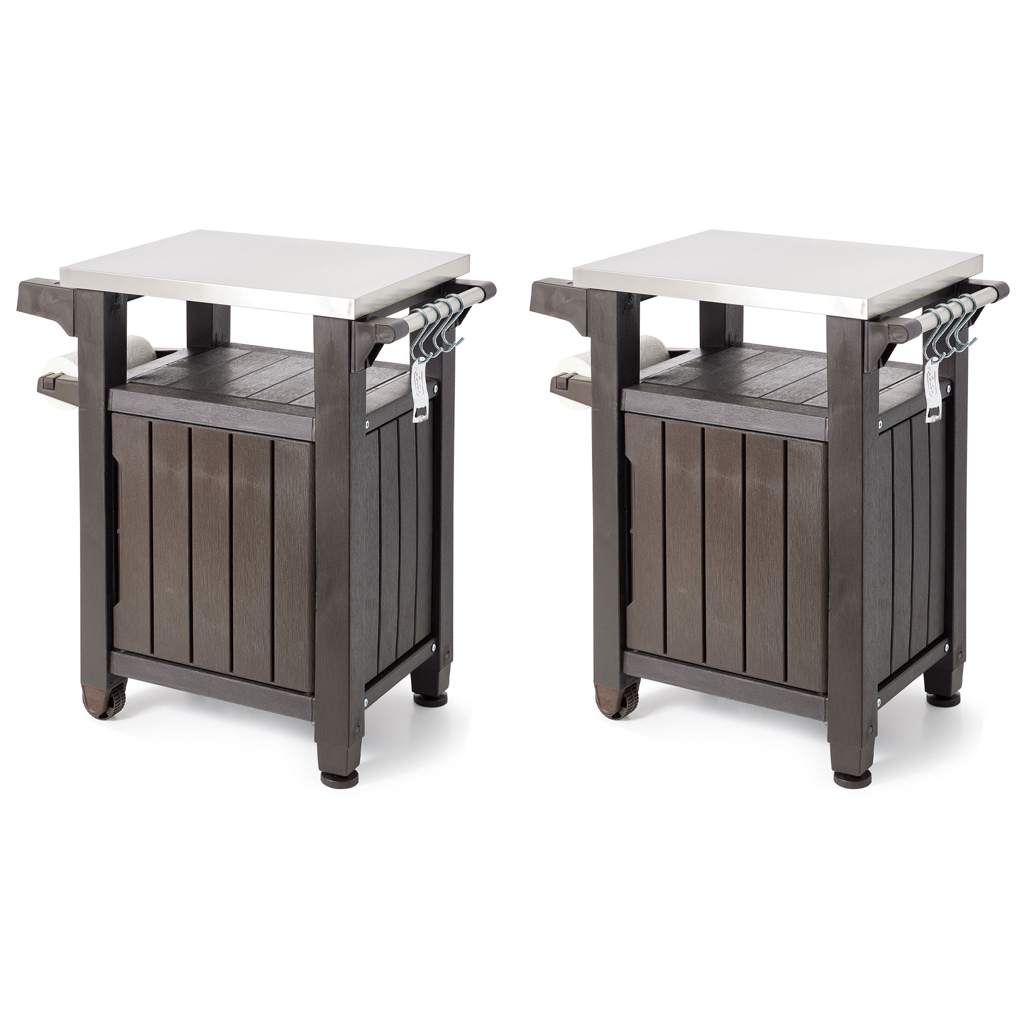 Keter Unity 40 Gallon Patio Storage Grilling Bar Cart, Brown (Set of 2)