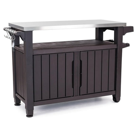 Keter Unity XL Outdoor Durable Kitchen Rolling Bar Cart with Storage Cabinet, Brown