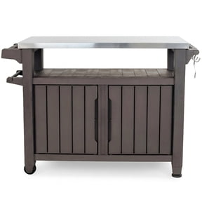 Keter Unity XL Outdoor Kitchen Rolling Bar Cart with Storage Cabinet, Brown