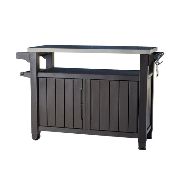 Keter Unity XL Outdoor Durable Kitchen Rolling Bar Cart with Storage Cabinet, Brown