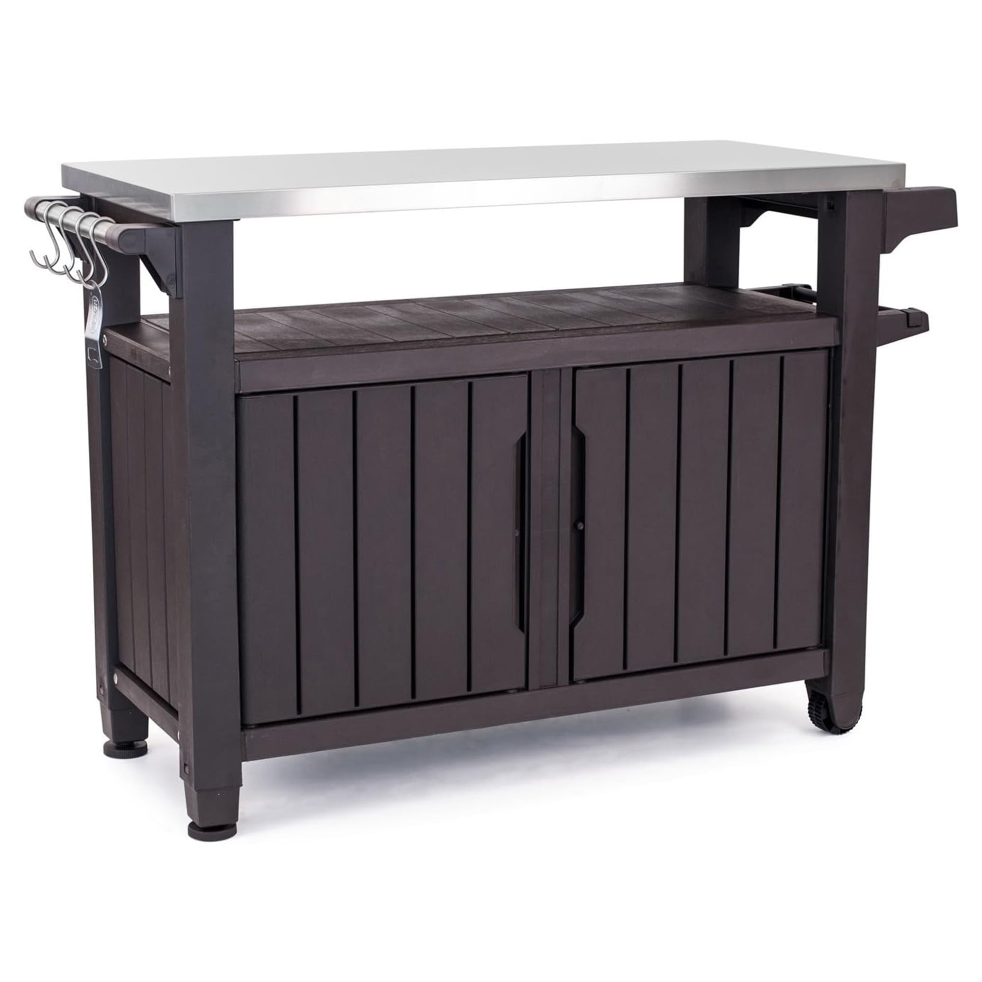 Keter Unity XL Patio Serving Rolling Bar Cart with Storage Cabinet, Brown