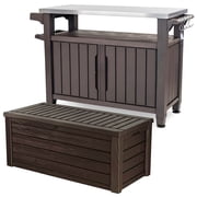 Keter Unity XL Outdoor Rolling Bar Cart Storage Cabinet & Westwood Deck Box, Espresso