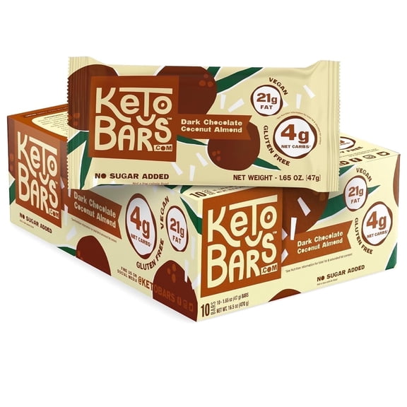 Keto Bars Dark Chocolate Coconut Almond - Low Carb, No Sugar, Gluten Free, High Fat Snack Bars (10 Pack)
