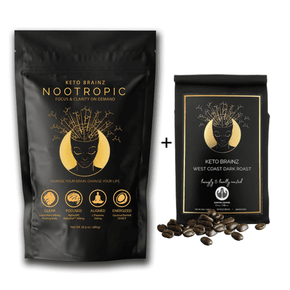 Keto Brainz Nootropic Creamer Single Bag and KBZ West Coast Roast Coffee Pack, Nondairy Keto Friendly C8MCT based Nootropic, 500mg Lion's Mane Mushroom, 300mg AlphaGPC & 250 mg L-Theanine