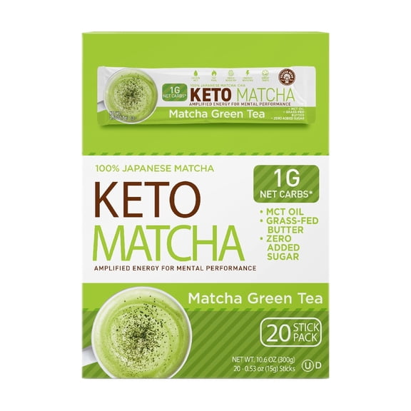 Keto Matcha Frappe & Latte Instant Mix with Arabica Coffee, Double Caffiene, Low Sugar - for Hot, Iced, or Frappuccino-Style Blended Drinks - (20) 0.53oz Single Serve Sticks
