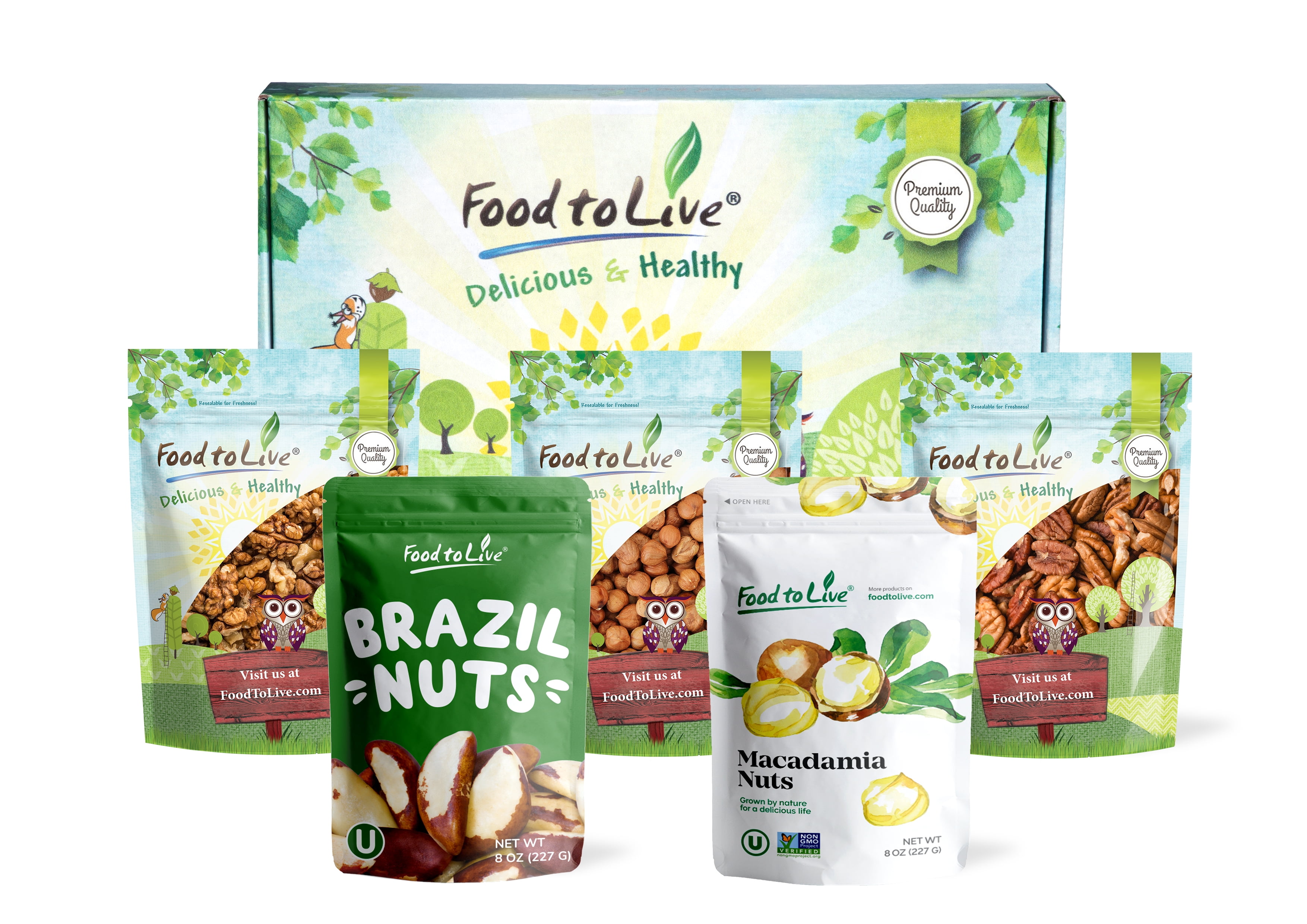 Keto Raw Nuts in a Gift Box - A Variety Pack of Pecans, Brazil Nuts, Macadamia Nuts, Walnuts and Hazelnuts – by Food to Live
