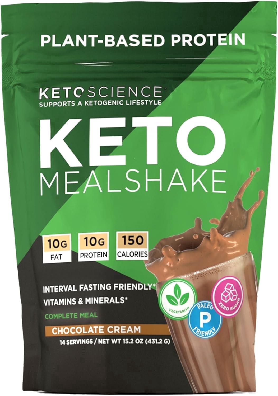 Keto Science Plant-Based Protein, Keto Meal Shake, Rich in Vitamins & Minerals, Complete Meal Replacement, Pea Protein for Women & Men, Chocolate Cream, 14 Servings