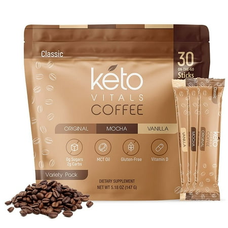 Keto Vitals Keto Coffee Packets Low-Calorie Sweetened Instant Coffee, 30 Coffee Pouches