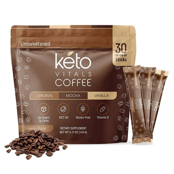 Keto Vitals Keto Coffee Packets Low-Calorie Unsweetened Instant Coffee Packets, 30 Coffee Pouches