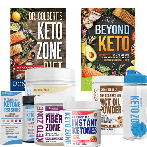 Keto Zone Complete Pack | MCT Powder (Hazelnut) | PH Strips | Fiber Zone (Berry) | Instant Ketones (Raspberry) | Shaker | Two Books by Dr. Colbert