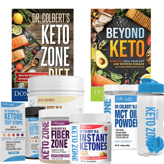 Keto Zone Complete Pack | MCT Powder (Unflavored) | PH Strips | Fiber Zone (Berry) | Instant Ketones (Raspberry) | Shaker | Two Books by Dr. Colbert