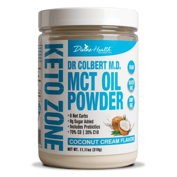 Dr. Colbert, MD MCT Oil Powder | Coconut Cream Flavor | by Divine Health | Keto Zone | 75/C8 25/C10 | 0 Net Carbs | 30 Day Supply | 315g