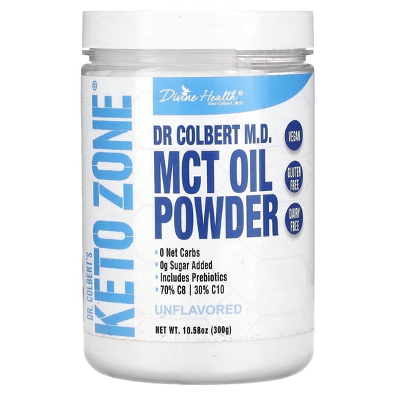 Dr. Colbert, MD | MCT Oil Powder | Unflavored | by Divine Health | Keto Zone | 70% C8 | 30% C10 | 0 Net Carbs | Gluten Free | 30 Day Supply | 300g