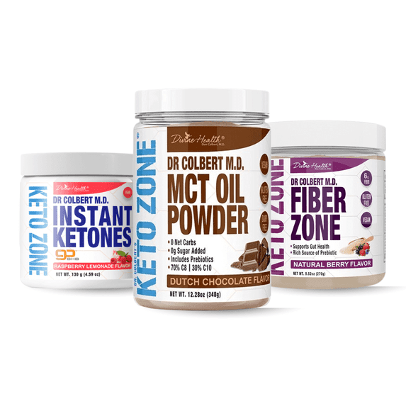 Keto Zone Maintenance Pack | by Divine Health & Dr. Colbert | MCT Oil Powder (Chocolate) | Fiber Zone (Berry) | Instant Ketones (Raspberry) | Supports Energy & Gut Health