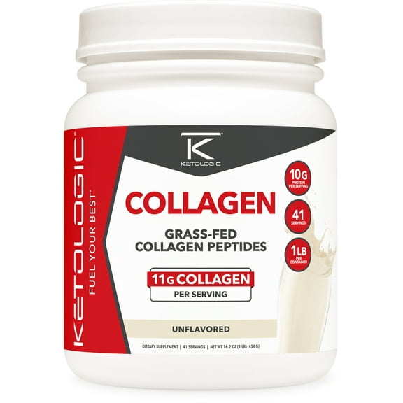 Ketologic Grass-Fed Collagen Hydrolysate Powder (Unflavored) 1 LB - Bovine Sourced Peptides Supplement for Women and Men