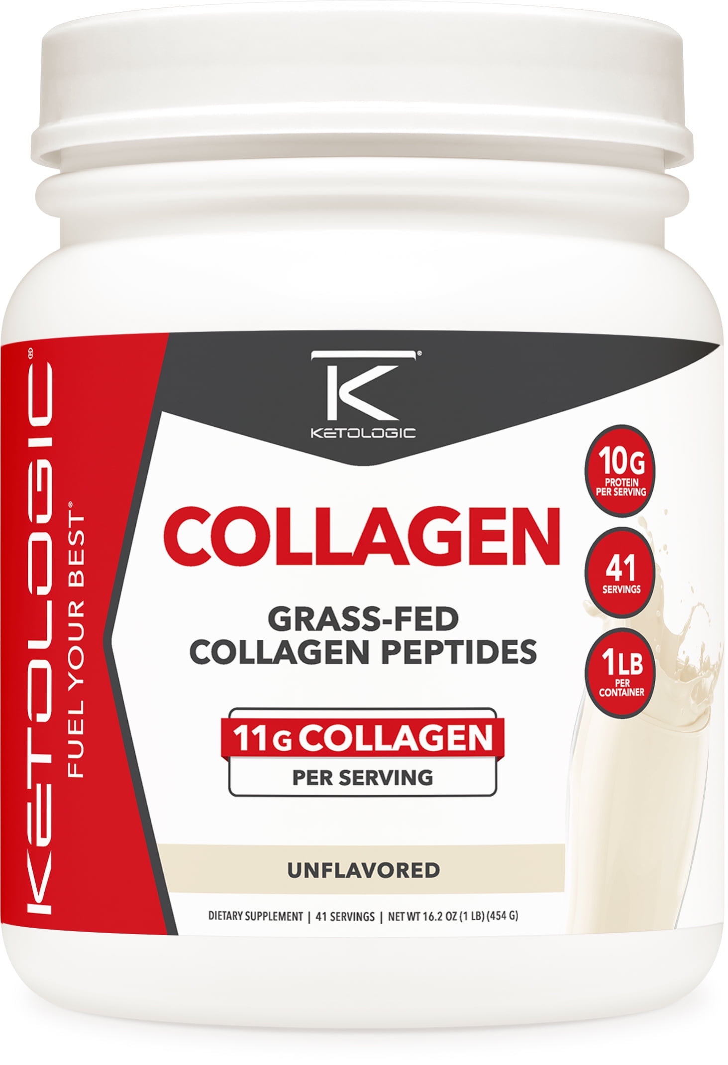 Ketologic Grass-Fed Collagen Hydrolysate Powder (Unflavored) 1 lb - Bovine Sourced Peptides Supplement for Women and Men