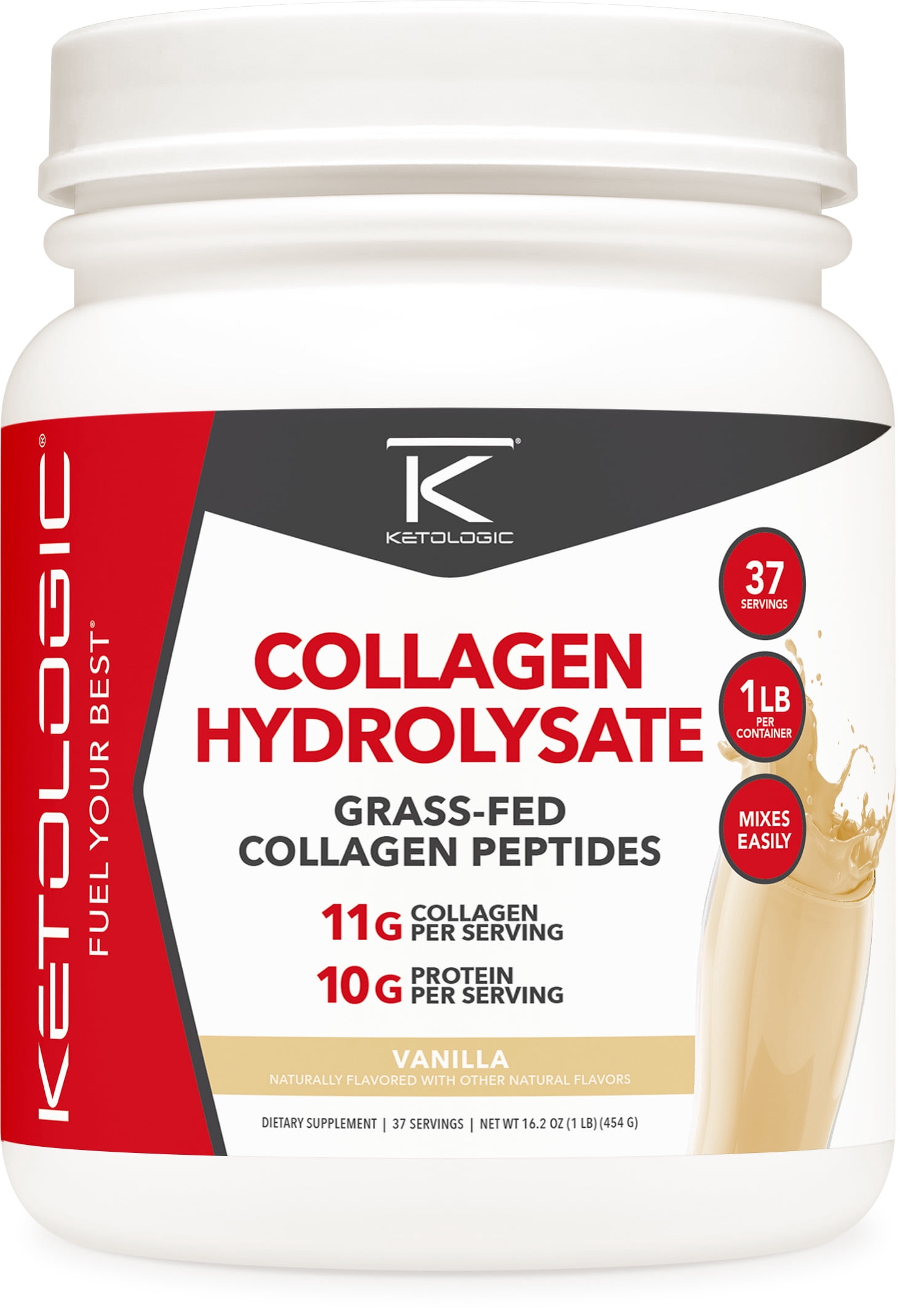 Ketologic Grass-Fed Collagen Hydrolysate Powder (Vanilla) 1 LB - Bovine Sourced Peptides Supplement for Women and Men