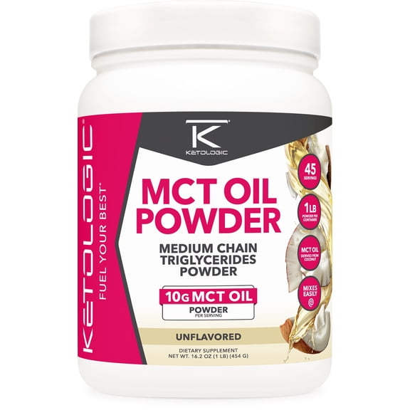 Ketologic MCT Oil Powder (Unflavored) 1 LB  - Medium Chain Triglycerides Powder Supplement, 45 Servings