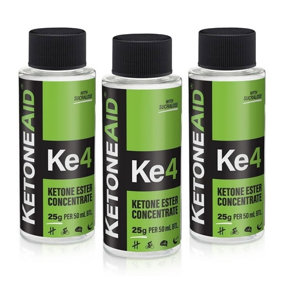 KetoneAid Ke4 Ketone Ester Concentrate w/ sucralose for focus, energy & recovery - 3 pack, 50mL bottles, 10 serv./btl. (30 Serv.), 0 carb., 12 cal., keto not required.