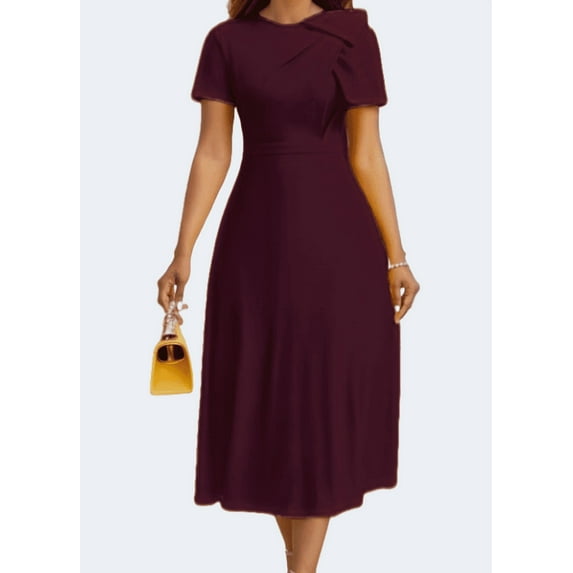 Ketres Wear to Work Dresses Short Sleeve Casual Dresses Party Cocktail A-Line Midi Dress for Women, Burgundy Size XL